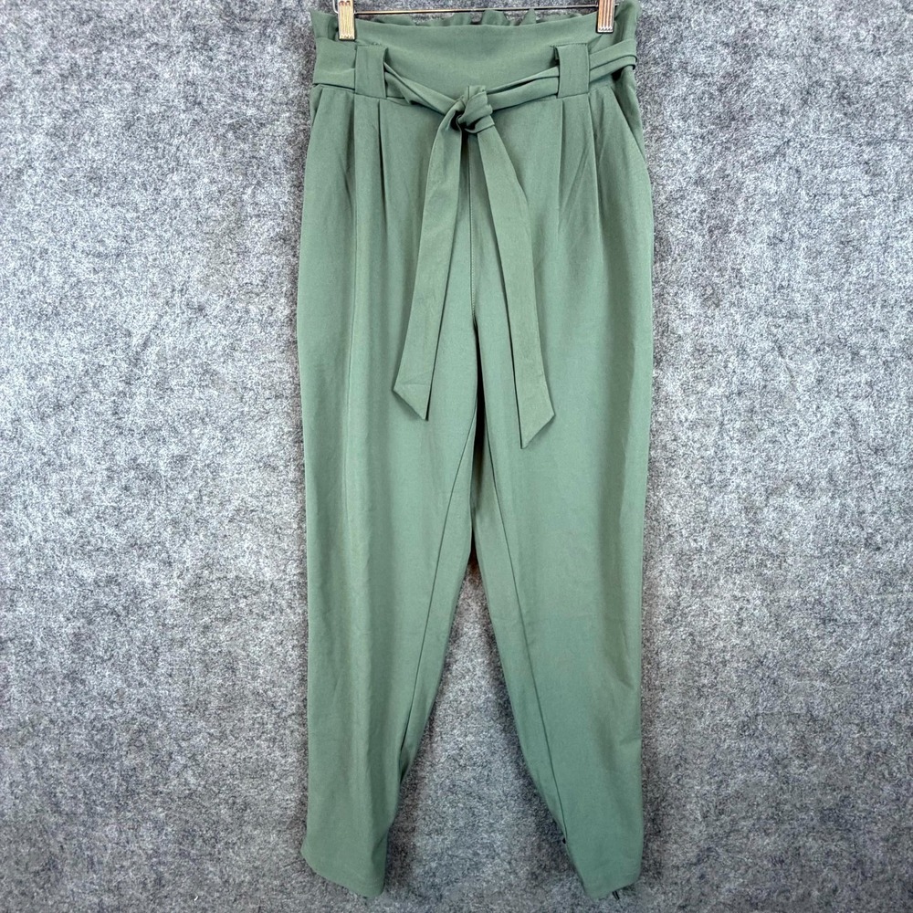 Grace Karin Paperbag Pants Womens Medium Sage Green Stretch High Rise Tie Ankle